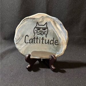 Cattitude Ceramic Cat Plaque - Blue and Gray with Stand - Studio Pottery Signed